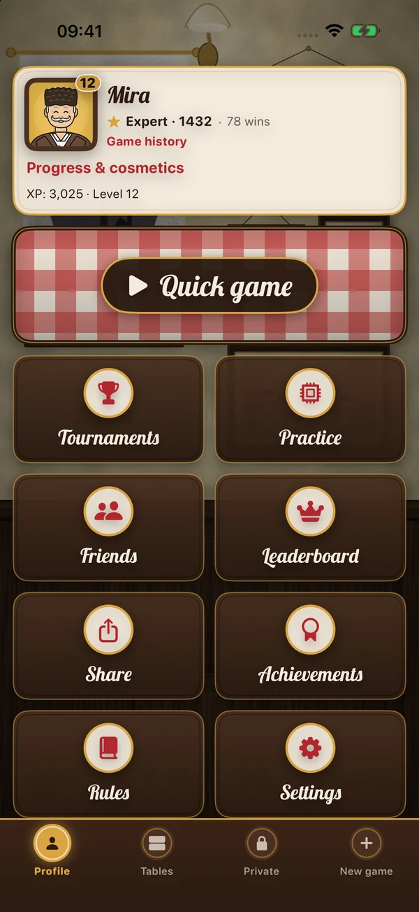 Quick game, practice, Elo rank and XP progress