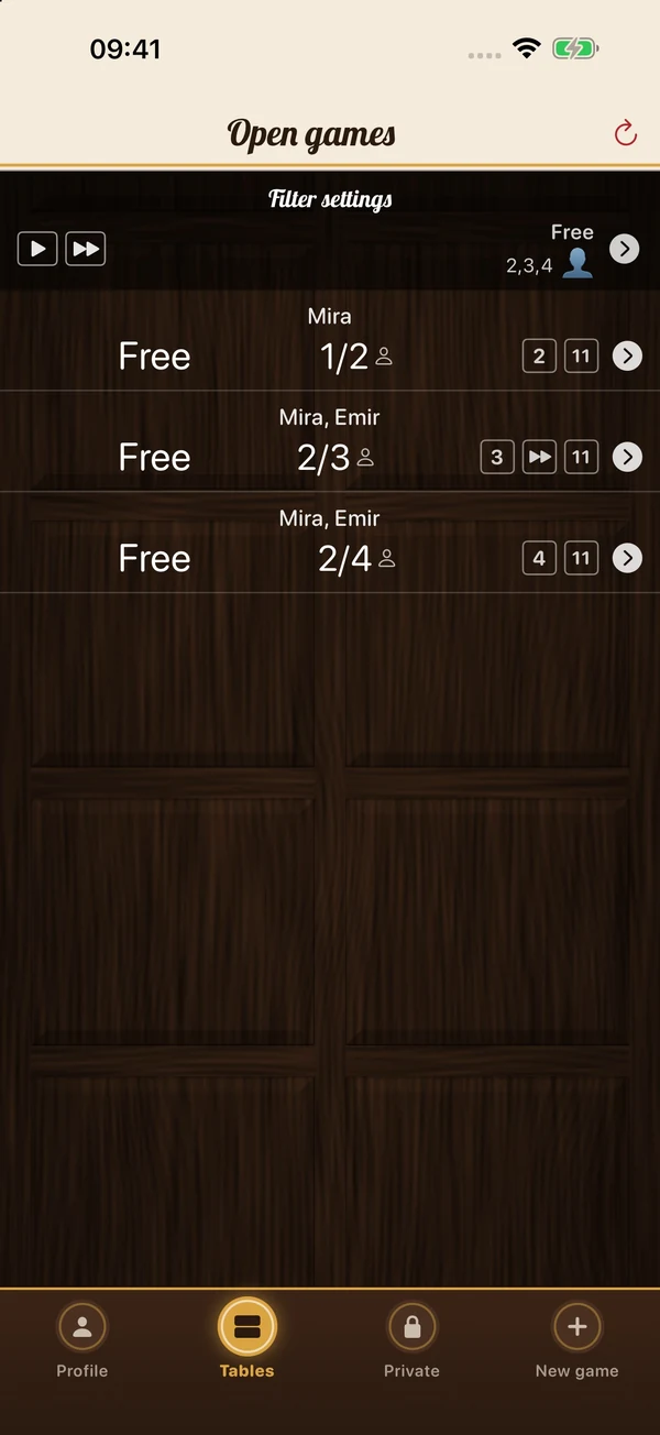 Free tables with player counts