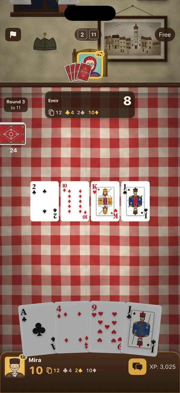Two-player Žandari gameplay with scores and XP